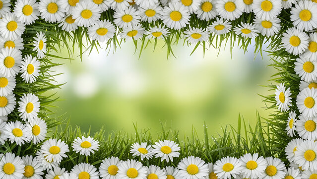 Beautiful white daisies with yellow centers in green grass border frame
