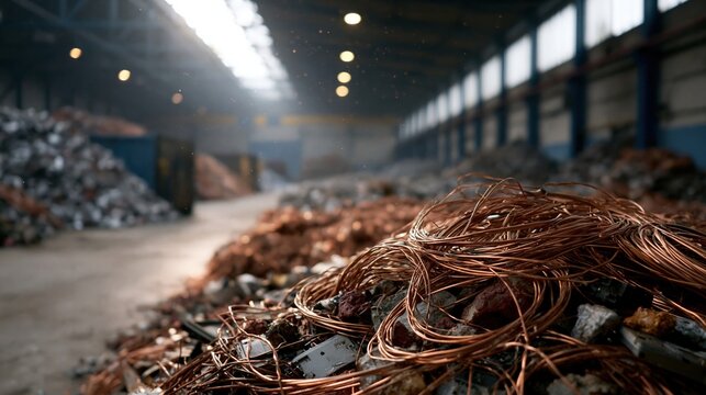 Close-up of copper wire scrap in a recycling facility