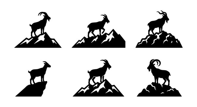 Mountain Goat Silhouettes Set, Wild Animal Icons on Peaks, Climbing Mammal Vector Art, Nature Wildlife Graphics