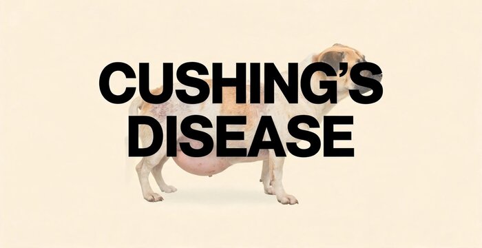 A sad dog with a swollen belly and patchy fur, representing Cushing's disease, a condition affecting adrenal glands.
