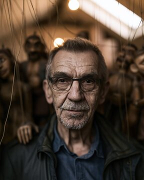 Contemplative puppeteer amidst his wooden puppets