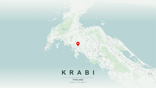 Modern minimalist vector map of Krabi, Thailand. High-quality scalable illustration of Krabi city grid, Ao Nang and Railay beach waterfront axis, Krabi River delta for posters design.
