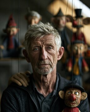 Senior man puppeteer with his handcrafted marionettes