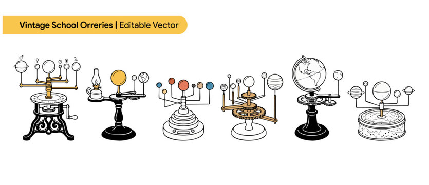 Vintage solar system orrery model set featuring antique clockwork scientific astronomical instruments with gears, globes, and rotating planets representing education and school astronomy on white.