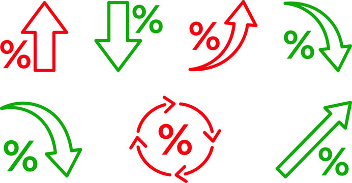 Set of financial growth and decline icons with percentage