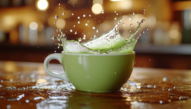 A vibrant green tea cup spills its contents in a dynamic splash.