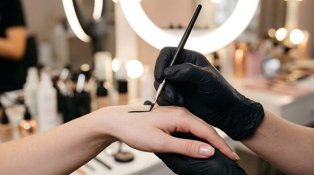 Close-up of Professional Makeup Artist in Black Nitrile Gloves Testing Black Liquid Eyeliner with Fine Brush on Client's Hand in Modern Beauty Salon Studio with Ring Light Background