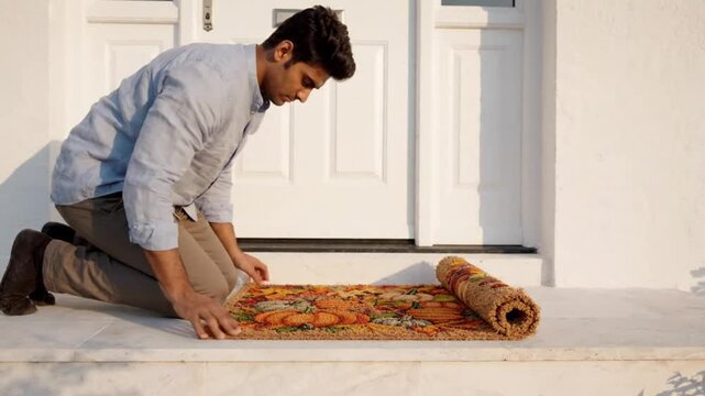 A man kneeling on a porch and unrolling a decorative autumnthemed doormat with pumpkins in front of a white house door