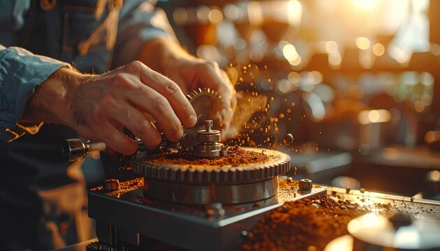 Close-up of barista tamping coffee grounds in a cafe.