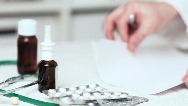 Doctor Writing Prescription and Filling Patient Medical Record in Hospital Clinic with Pills in Focus