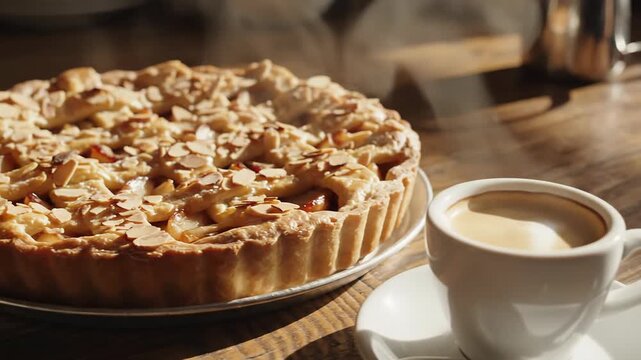 Delicious Golden Baked Apple Pie with Almonds and Steaming Coffee Cup on Wooden Table