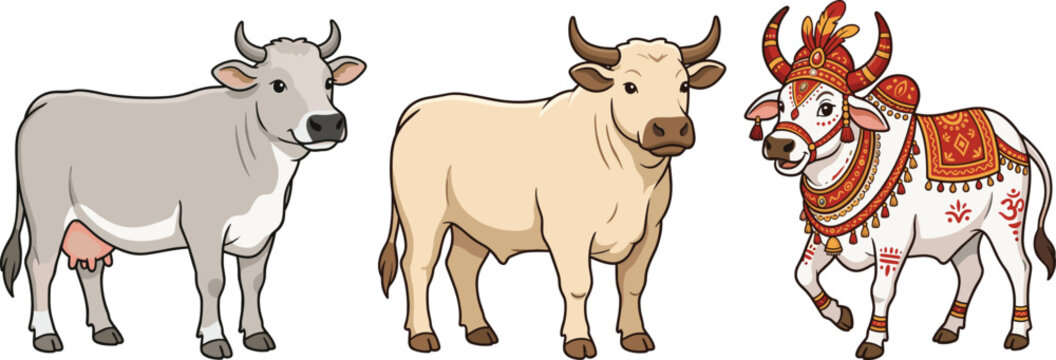 Set of Indian cattle vectors and decorated holy cow illustrations for traditional culture designs and religious festival graphics