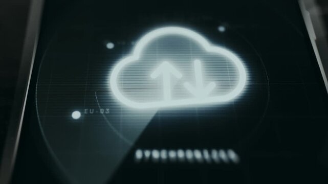 Glowing neon cloud icon with upward and downward arrows, data synchronization concept