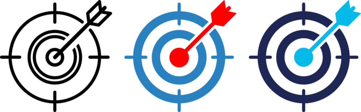 Set of three target icons with arrows in different colors