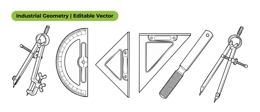 Drafting tools geometry vector set showing compass protractor and triangle rulers line art icons for industrial engineering math education and technical drawing design isolated on white background.