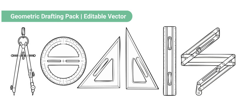 Drafting tools vector geometric set featuring line art compass protractor ruler and triangles for technical drawing construction plans, minimalist blueprint design illustration for engineering.