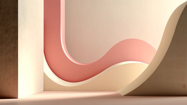 Abstract Pastel 3D Background with Pink Wave and Cream Geometric Shapes
