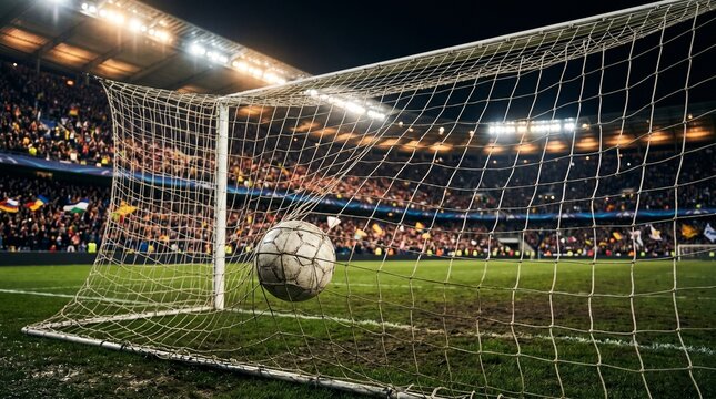 Soccer ball in goal net, stadium lights, intense sports action