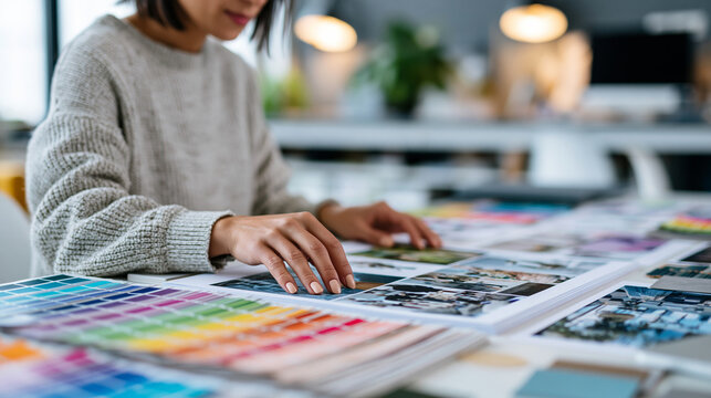 Close-up of anonymous hands sorting printed mood boards, color swatches and material samples across a wide studio table, creative planning concept, design process photography,