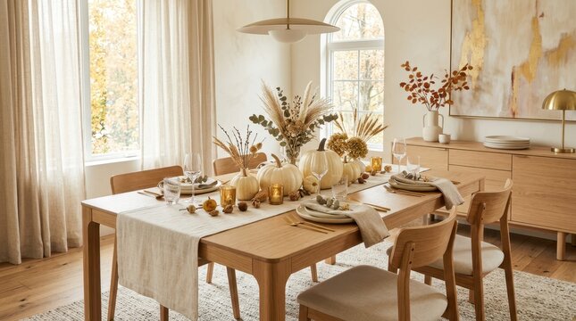 Elegant autumn dining table setting with white pumpkins and natural decor