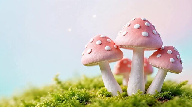 Pink mushrooms with white spots on moss