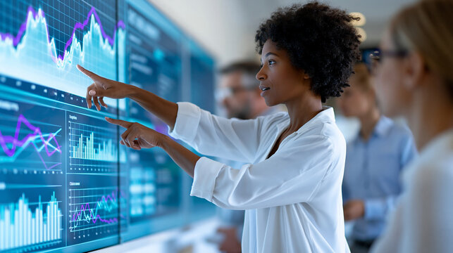 Faceless business team in a modern boardroom gesturing toward a glowing interactive display wall showing data charts and project metrics, interactive team presentation concept,