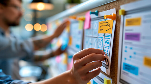 Close-up of anonymous hands pinning printed wireframes and user flow diagrams to a large corkboard during a product planning workshop, UX design process concept, product team