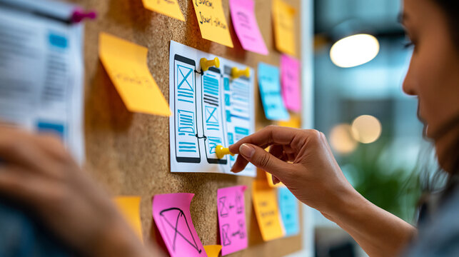 Close-up of anonymous hands pinning printed wireframes and user flow diagrams to a large corkboard during a product planning workshop, UX design process concept, product team