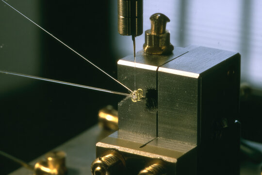 Fiber optic cable splicing macro photography glass strand alignment metallic groove natural daylight clear focus