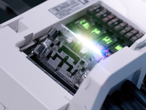 Fiber optic cable splicing in precision v groove block, closeup of white device, metallic texture, microscopic dust, bright flare, clean laboratory presentation