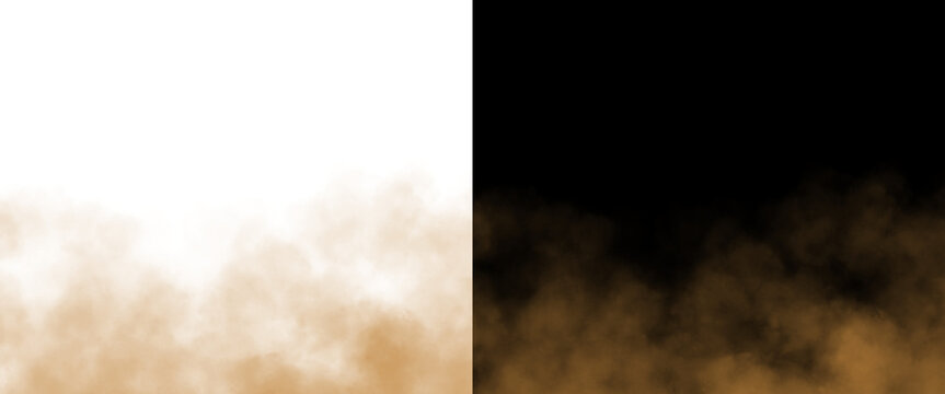 Golden dust explosion texture, brown smoke cloud effect on black and white background, atmospheric sand mist particles for design overlays