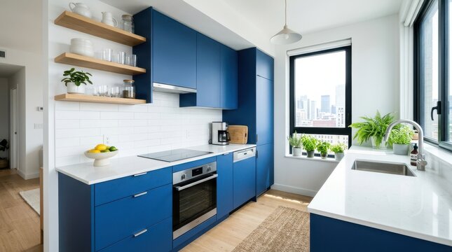 Modern blue kitchen with white countertops and subway tile backsplash