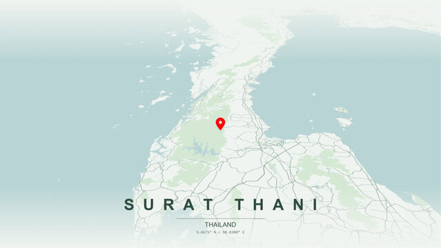 Modern minimalist vector map of Surat Thani, Thailand. High-quality scalable illustration of Surat Thani city grid, historic Tapi River waterfront axis, Ko Lamphu island park for posters design.