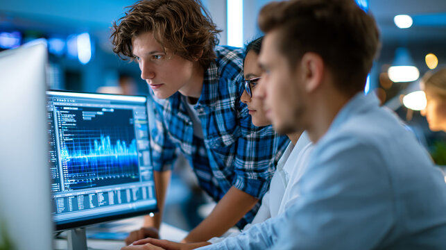 Faceless team of developers and designers huddled around a large monitor displaying software performance analytics in a modern tech office, software development team concept, QA