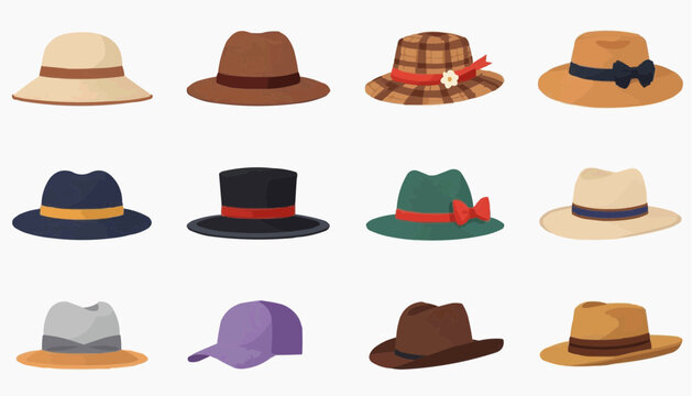 Collection of various stylish hats with different designs and colors