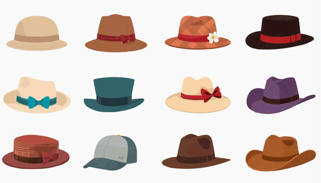 Collection of various stylish hats on for fashion design