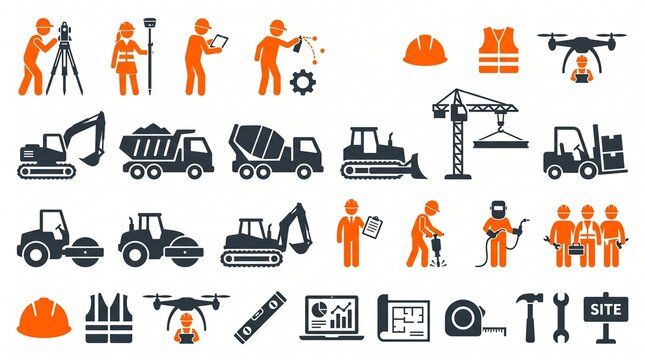 Construction Industry Icons Set Featuring Workers Vehicles Equipment and Safety Gear for Building Projects