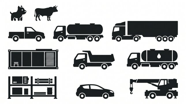 Collection of black vector icons representing various vehicles and industrial elements on a white background