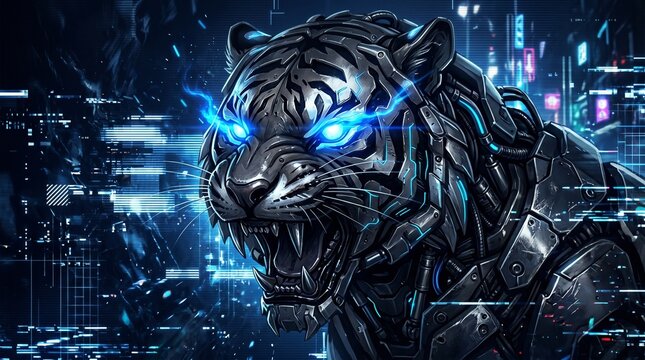 Fierce robotic tiger with glowing blue eyes and intricate mechanical details against a futuristic digital background
