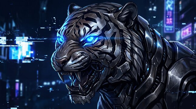 Cybernetic White Tiger with Glowing Blue Eyes in a Futuristic Neon Cityscape with Glitch Effects
