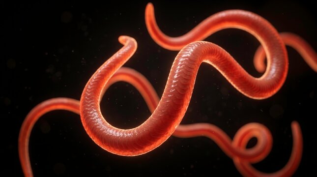 Parasitic Worms Microscopic View: Close-up render of complex parasitic roundworm anatomy, showcasing its detailed structure and organism segmentation.