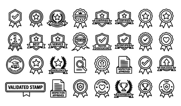 Verified Quality Certification Medal Icons with Approval Badges Check Marks and Excellence Awards
