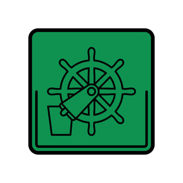 Green marine steering wheel icon with control lever and bucket symbol in flat vector style. EPS Editable