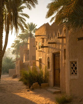 Traditional Saudi Mud House Street with Palm Trees at Golden Hour, Najdi Heritage Architecture