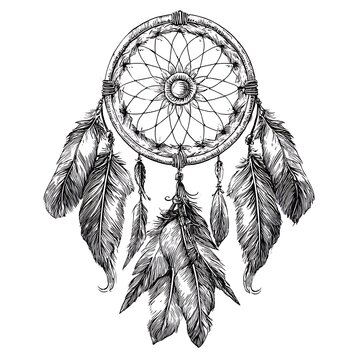 Dreamcatcher with feathers Sketch Outline on White Background