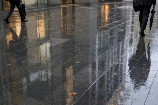 雨で光る床に映る足元と傘の反射