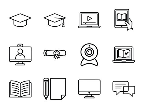 Online education and remote learning linear icons set with education learning elearning academic