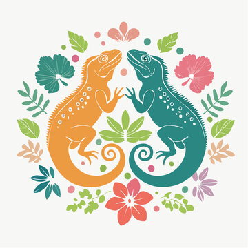 Two Iguanas Surrounded by Tropical Flowers and Leaves