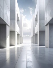 Fototapeta premium 3d illustration of abstract modern architecture background, Minimal geometry architectural design, futuristic car presentation backdrop with empty concrete floor and clear simple lines, white and grey color tones, AI generated