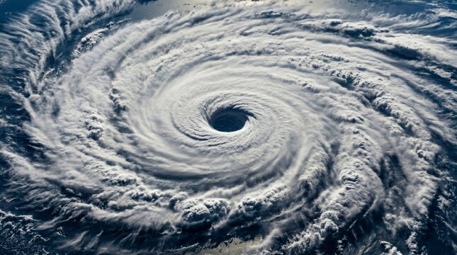 Hurricane Swirl: An awe-inspiring aerial view of a massive hurricane, showcasing its powerful, spiraling cloud formations and the serene eye at its center, a testament to nature's immense force.